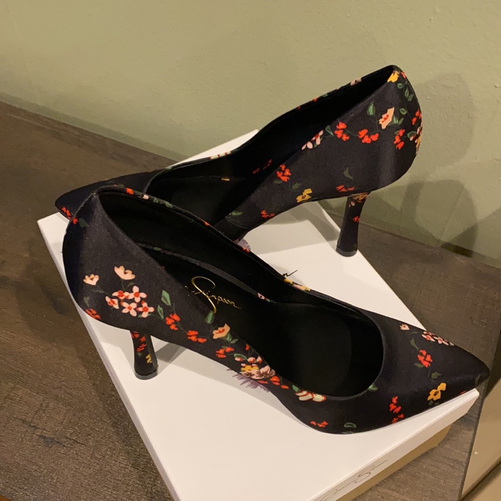 Jessica simpson sexy heather black multi floral heels 9-1/2
